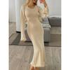 Women Knitted Dress Long Sleeve Tie Backless Round Neck Dress Solid Color Ruffle Trim Casual Fashion Dresses