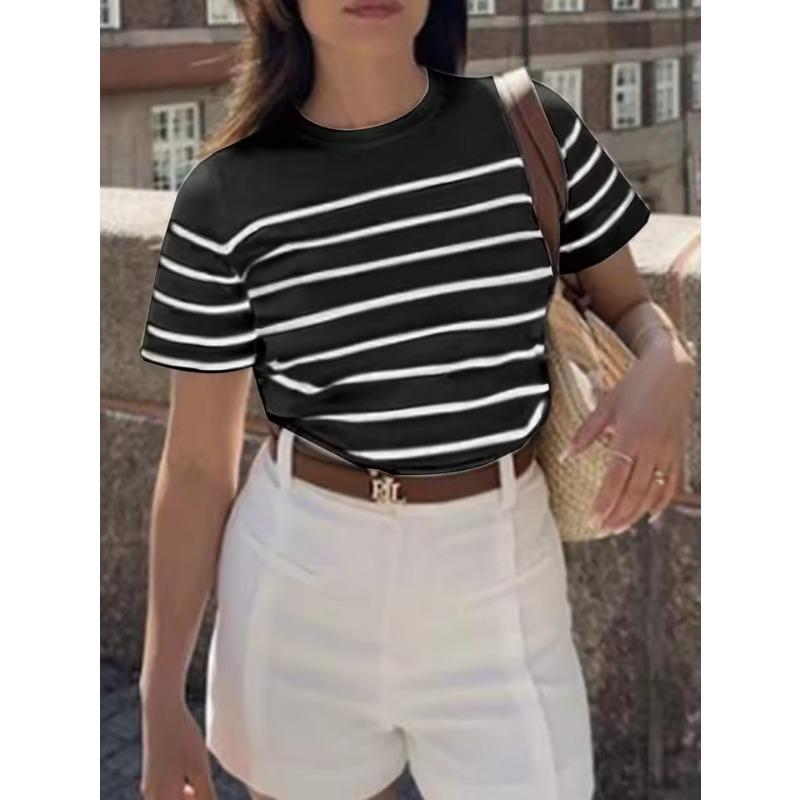 Women Striped Casual Versatile 3D T-Shirt Graphic Tees Round Neck Loose Classic Short Sleeve Vacation Entertainment Commuter Top