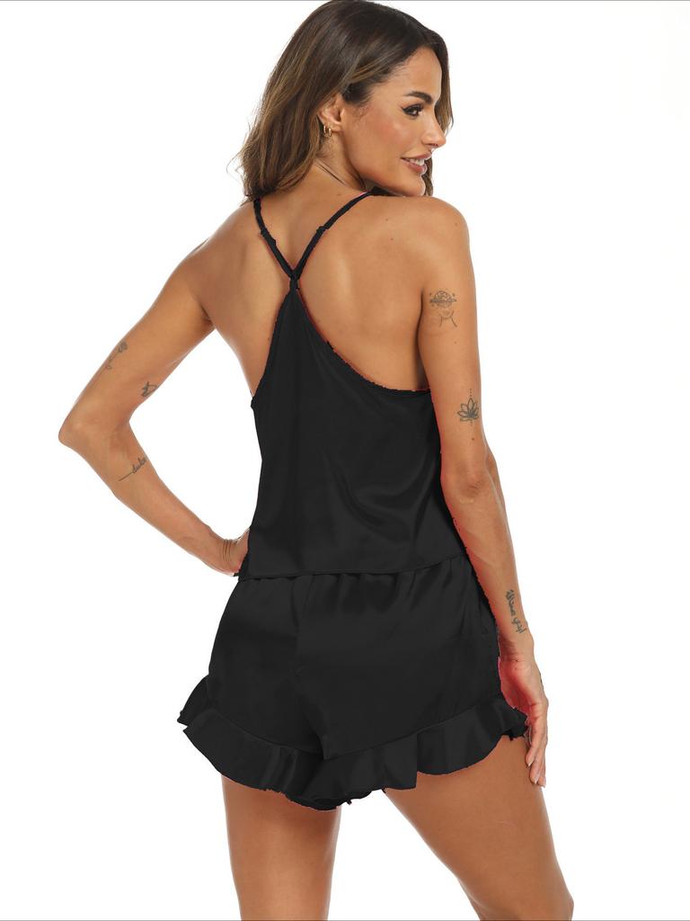 Set de pijama pentru femei, în stil european și american, solid, sexy, camisole și pantaloni scurți, îmbrăcăminte confortabilă de acasă din satin