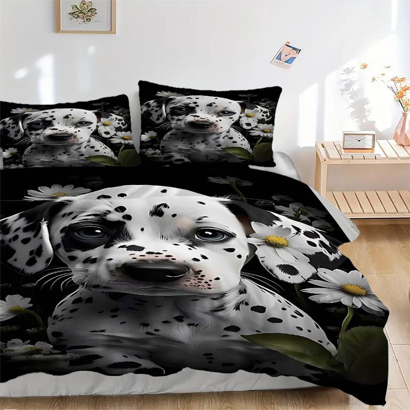 3pcs Dalmatian Puppy with Daisies Comforter Set, Includes One Quilt Cover and Two Pillowcases (No Core), Anime Cartoon, Bedroom and Guest Room