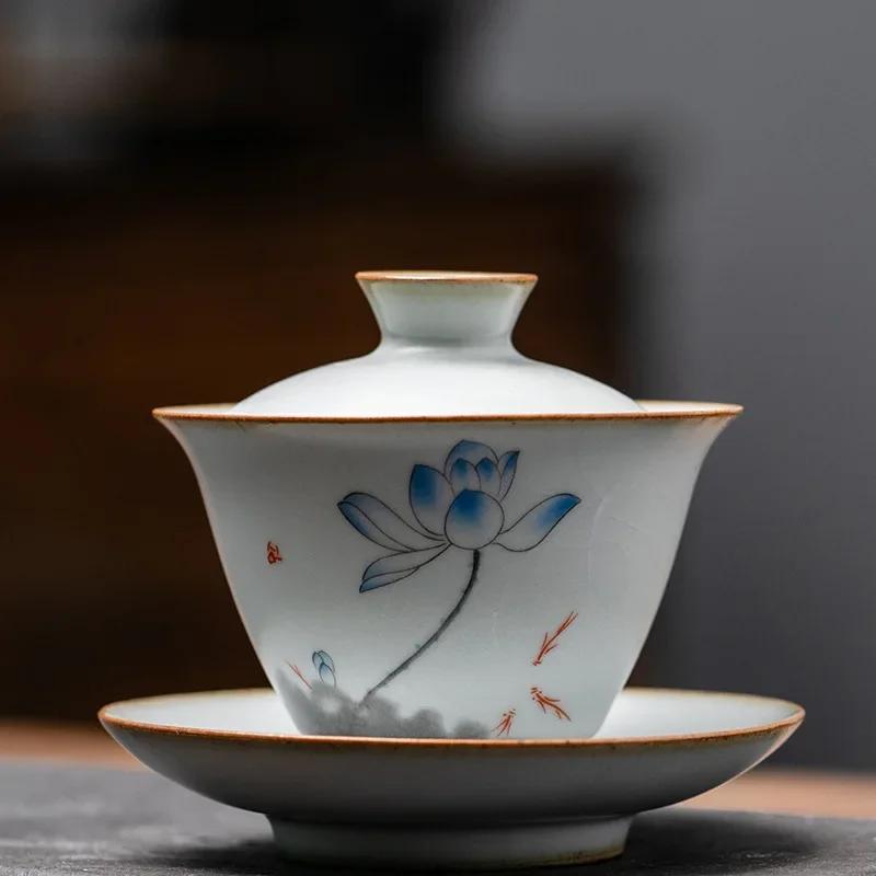 

150ml Retro Ru Kiln Ceramic Tea Tureen Handmade Flower Pattern Gaiwan Household Teacup Travel Portable Tea Bowl Chinese Teaware 9.8X9.5CM 150ML