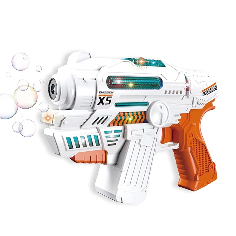 

BukBukLAB Електричний пістолет для мильних бульбашок [2-в-1: пістолет для бульбашок або звуковий пістолет] зі світлом та звуком, 2 пляшки рідини, не протікає! Портативний світлодіодний автоматичний бак
