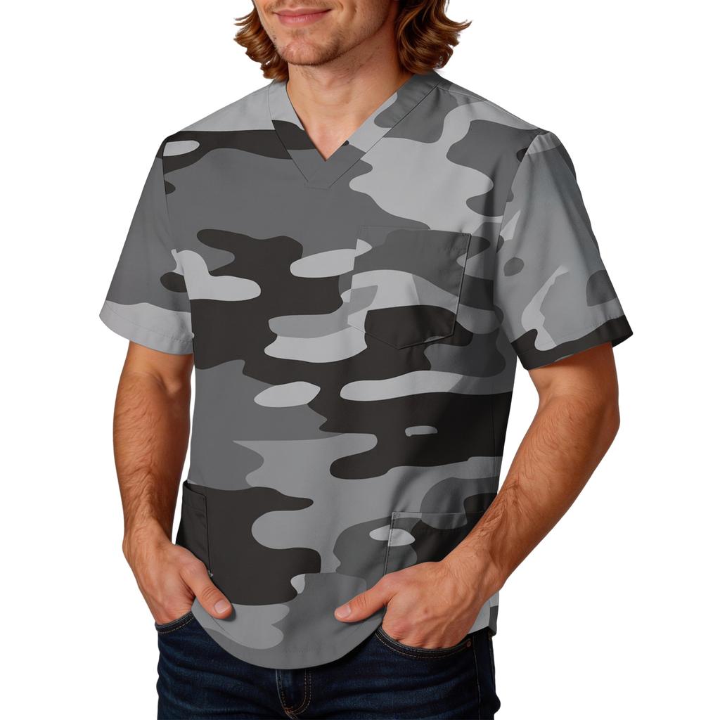 Mens Short Sleeve V Neck Scrub Top Camouflage Printed Pullover Uniform Shirt with Chest Pocket for