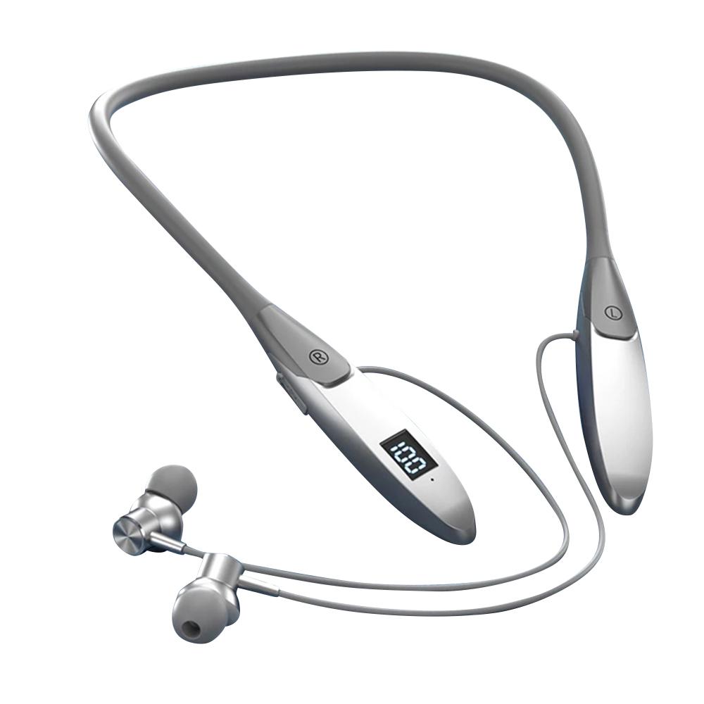 

60 часов воспроизведения беспроводные наушники Bluetooth 5.3 с шейным ободом, бас, стерео, спортивные водонепроницаемые наушники с микрофоном серебряный