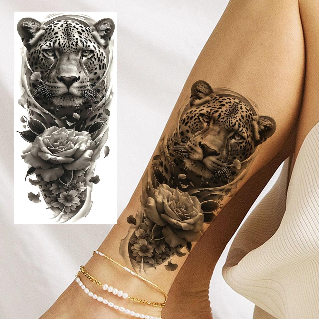 1 Sheet Cool Leopard With Rose Temporary Tattoos For Men Women Adults, Long Lasting Realistic Waterproof Fake Tattoo Sticker