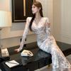French temperament printed velvet cross waist slim dress
