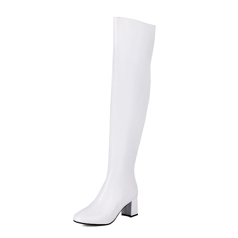 

Металлические лаковые ботфорты большого размера на молнии сбоку, слипоны, с круглым носком, на толстом каблуке, с плюшевой подкладкой, ботфорты выше колена 37 белый