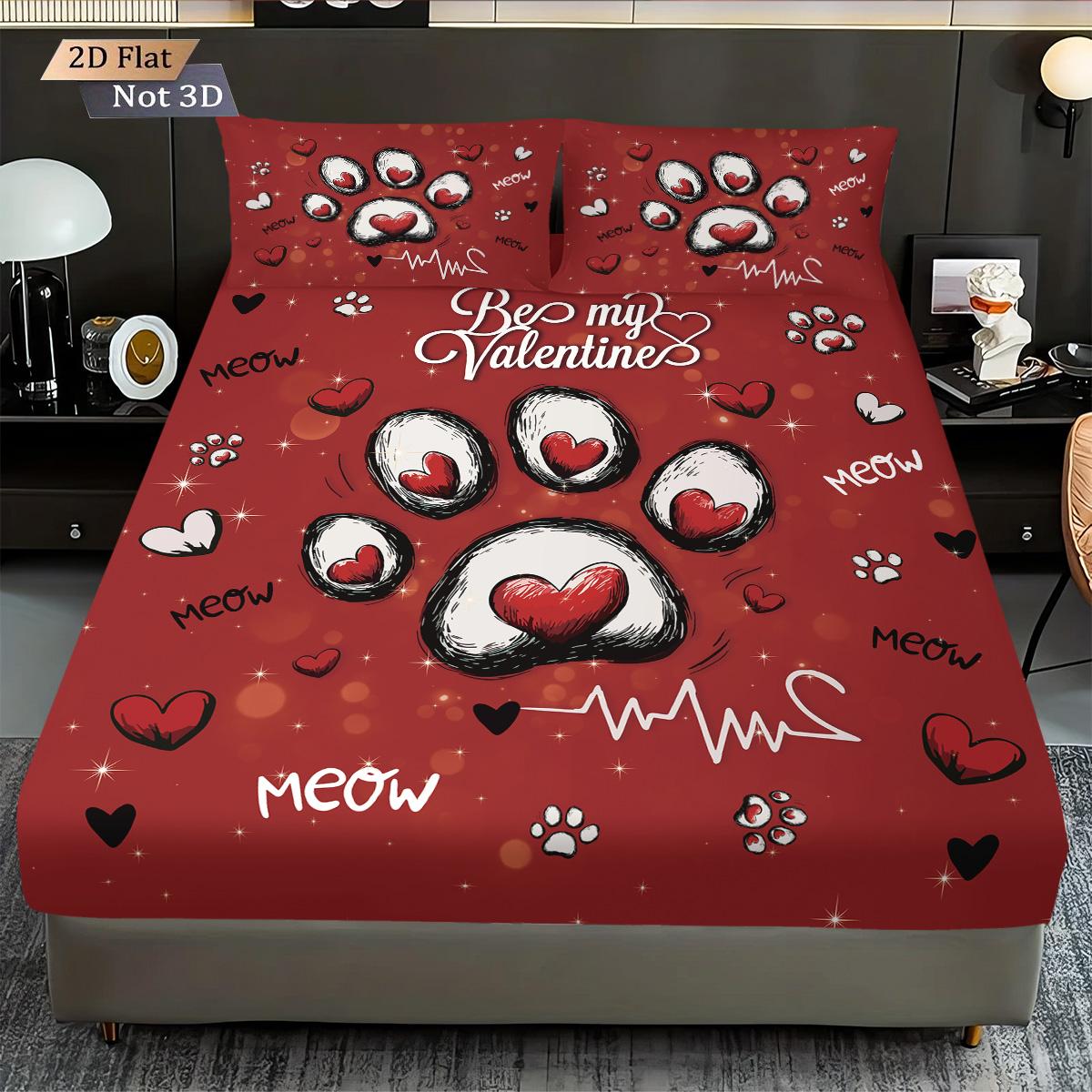 

3Pcs Valentine S Day Cute Cat Claw Printed Bed Sheet Set Multi Size Soft Bedcover Bedroom Bedding Festival Decoration 90x191cm