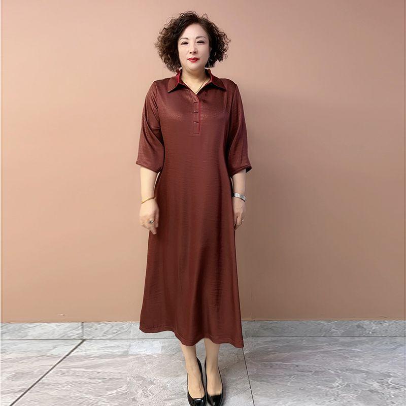 Women’s Silk Dress Summer Lapel Plus-size Dress Solid Color Soft Skin-friendly Breathable Silk Long Dress
