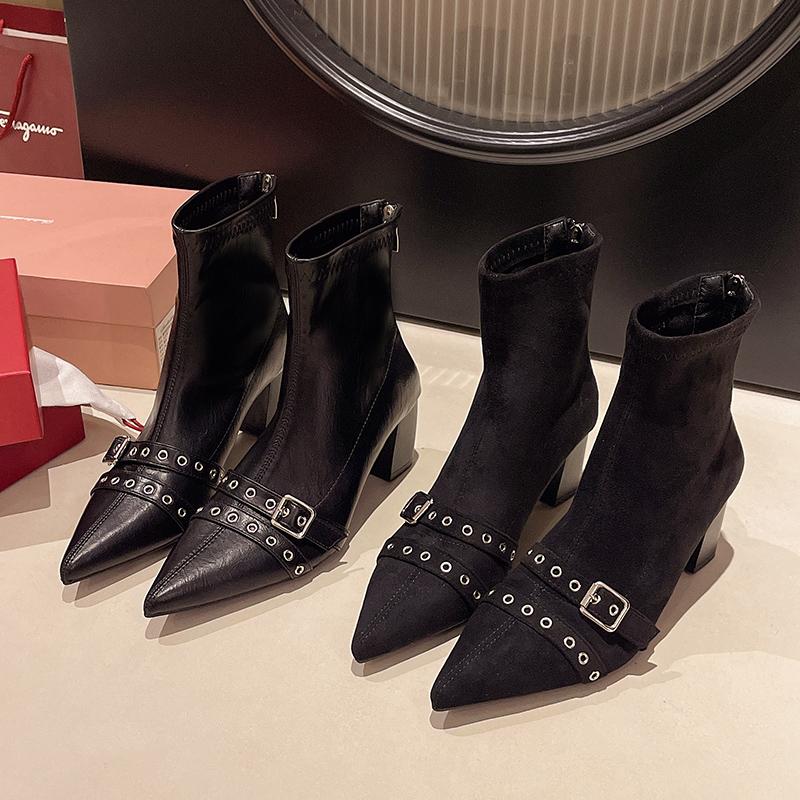 Fashion 2025 Autumn and Winter New Pointed Toe Booties Women's Block Heel Niche High Heel Boots
