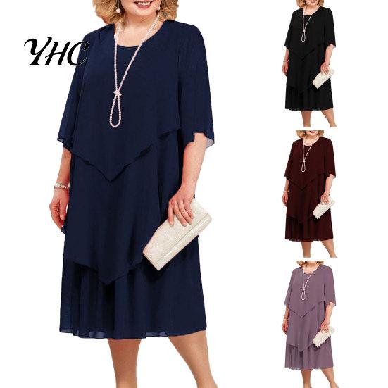 Layered Hem Flowy Dress Women Spring Summer Midi O-neck Half Sleeve Party Wedding Guest Elegant Chiffon