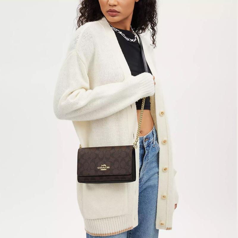 COACH Clutch 22 classic presbyopic snap multifunctional pocket canvas and leather shoulder crossbody bag small size women's brown black