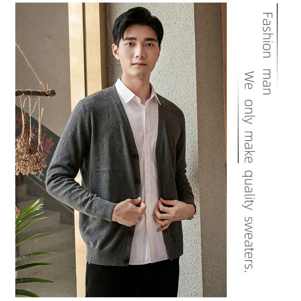 Men 100% Cotton V Neck Knit Cardigan, Slim Fit Long Sleeve Korean Style Casual Sweater Jacket for Autumn Winter