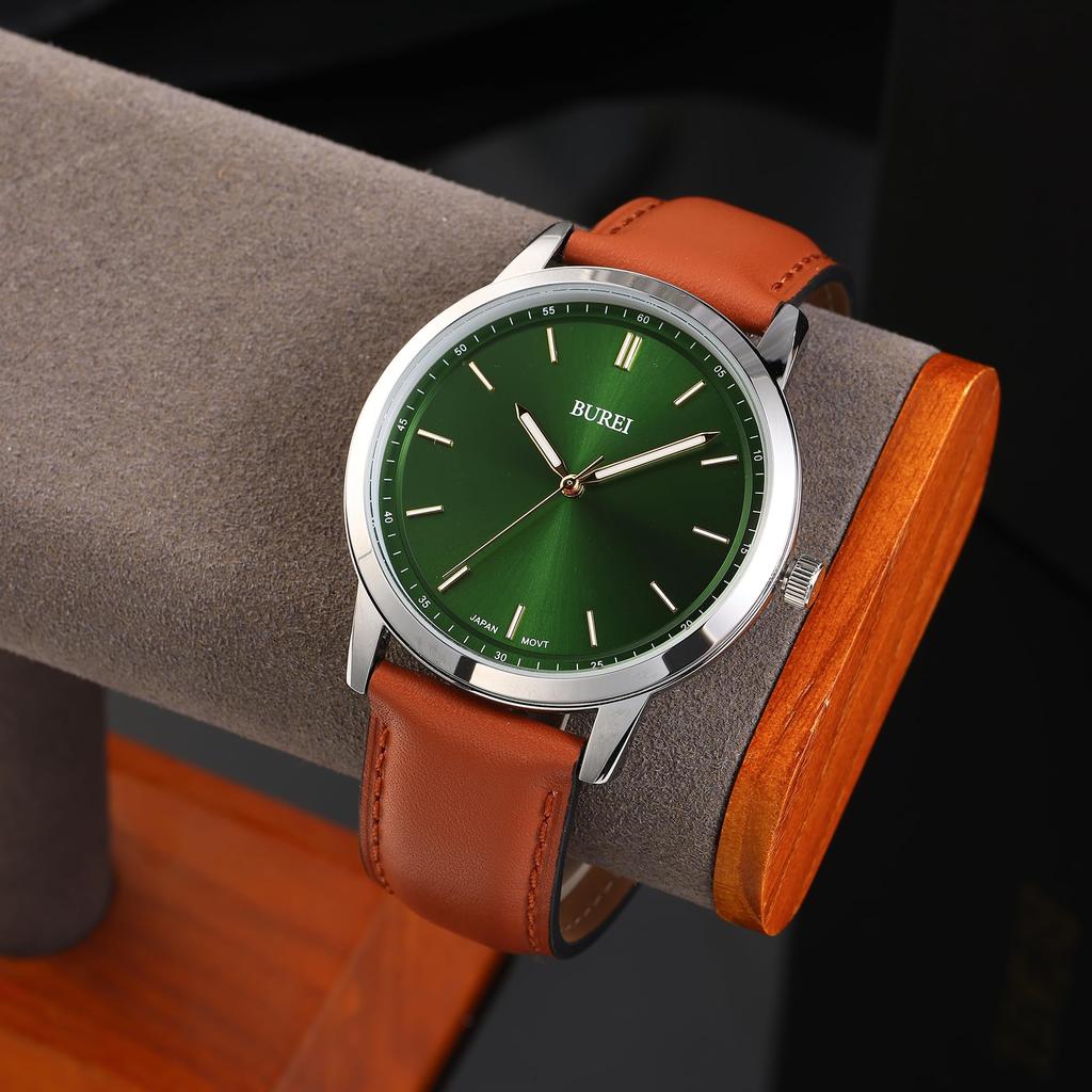 BUREI Men's Analog Quartz Watch Waterproof Leather Strap Silver Business Lightweight Easy-to-Read Simple Gift for Father (Green Brown)