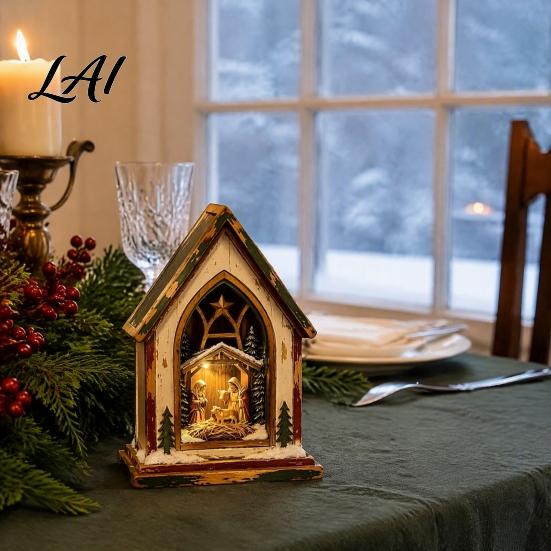 Indoor Winter Wonderland Ornaments Christmas Wooden Tabletop Decor with Warm LED Lights 2D Printed Snow Village Scene Tree Figurines Santa