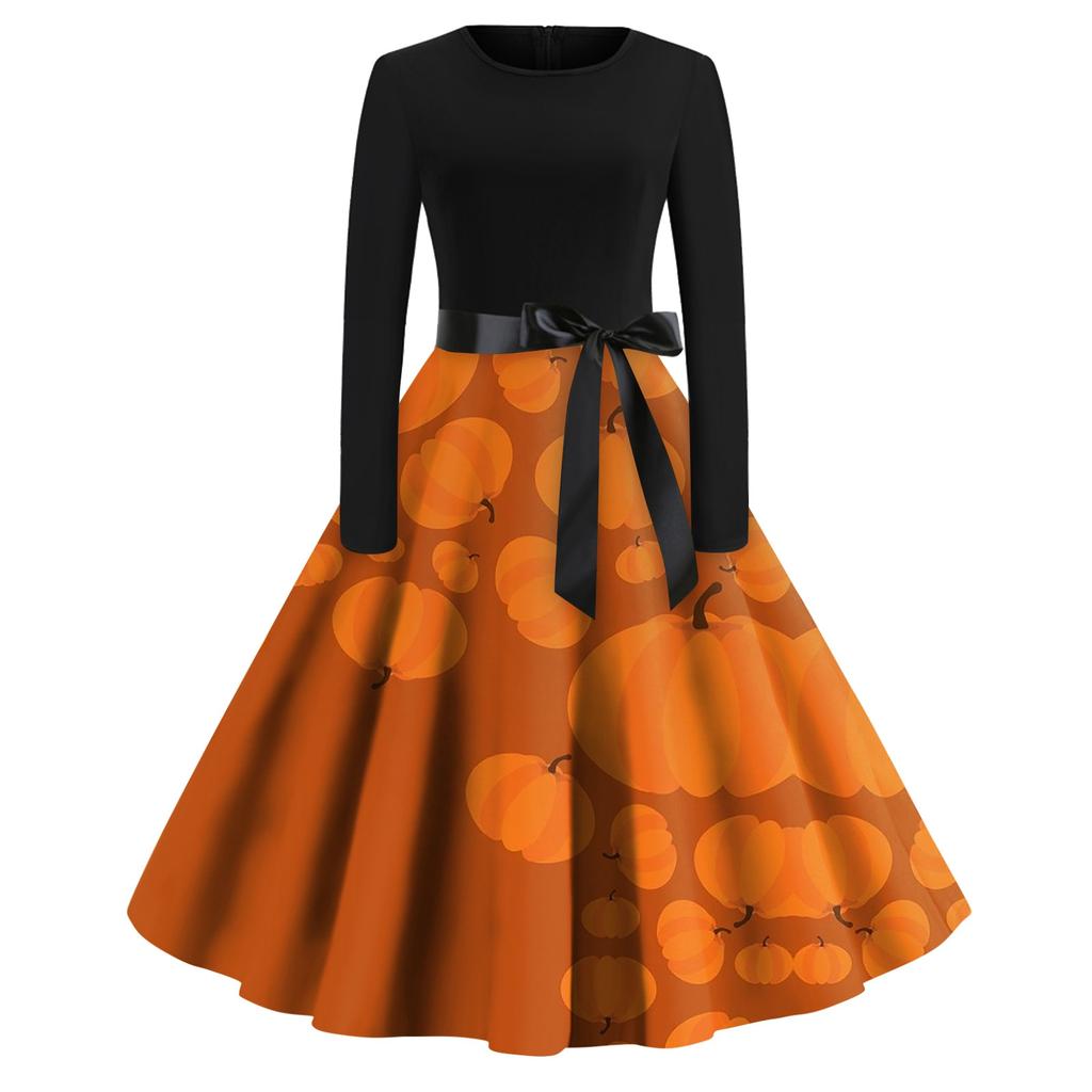 Women's Vintage Long Sleeve Halloween Print Family Party Prom Dress