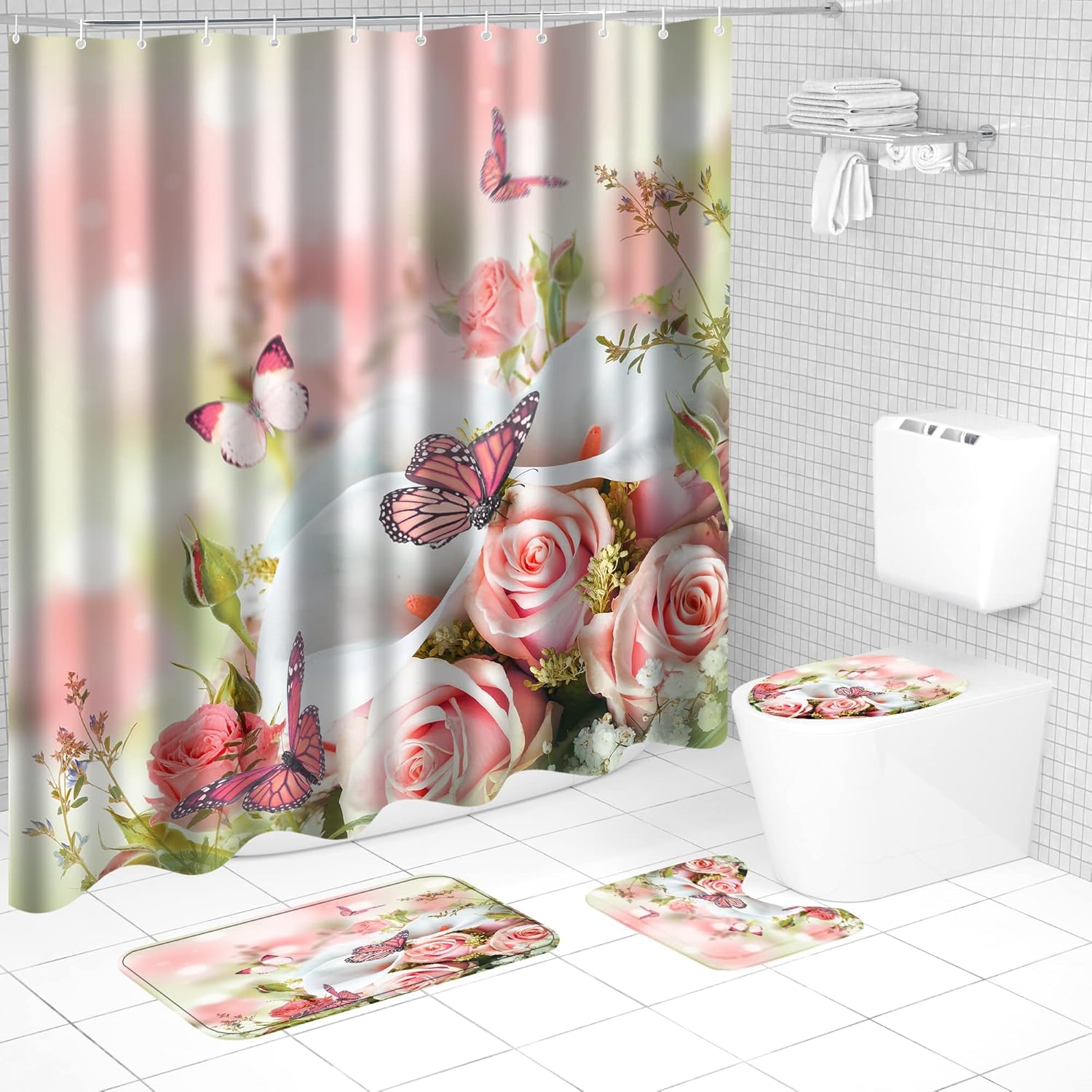 Cute Rose And Butterfly Shower Curtain Floral Design Bathroom Decor Romantic Theme Waterproof Bath Curtain 90x180CM