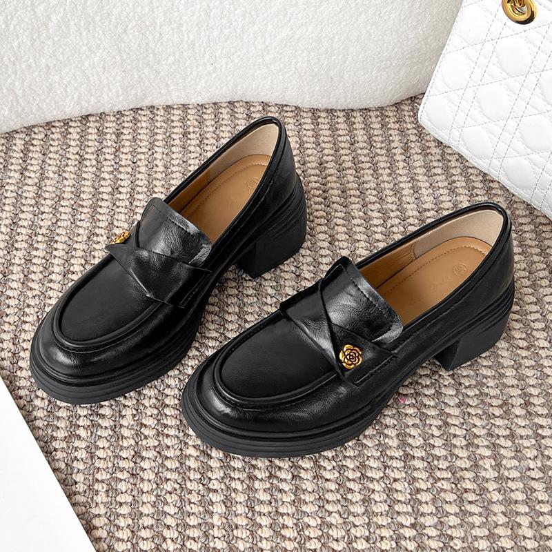 2025 British Style Camellia Loafers: Round Toe Chunky Heel Mary Jane Leather Shoes for Women
