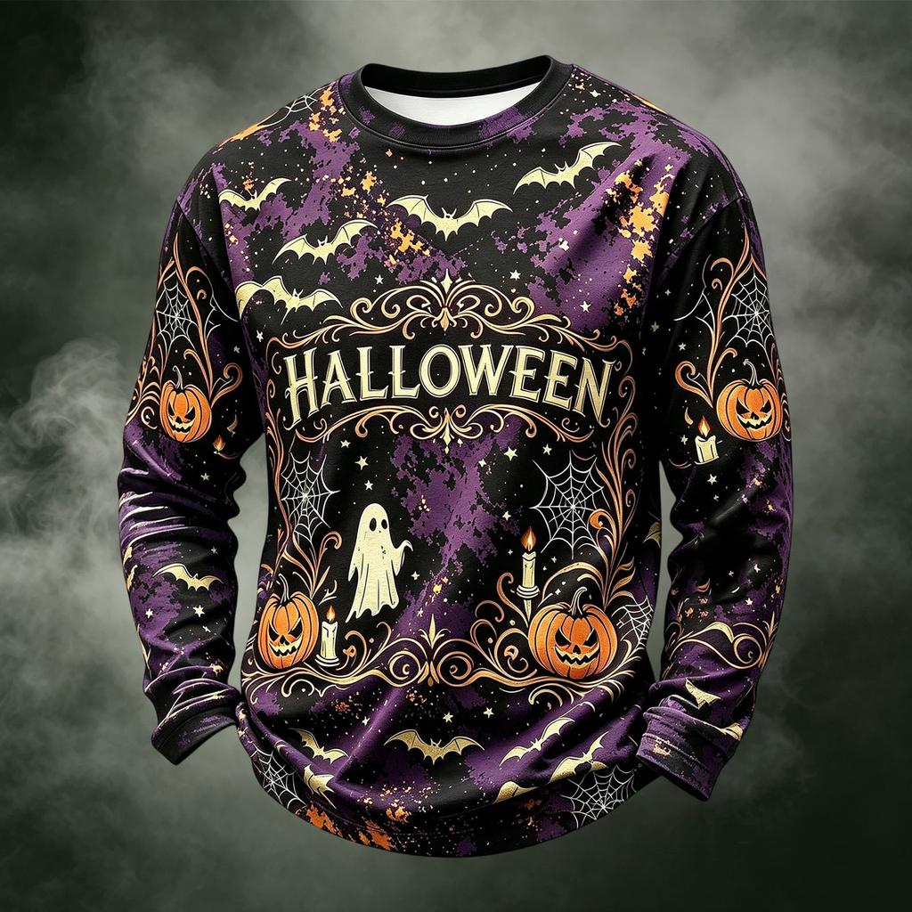 Men's Casual Knit Neck Long Sleeve Top with Halloween Print