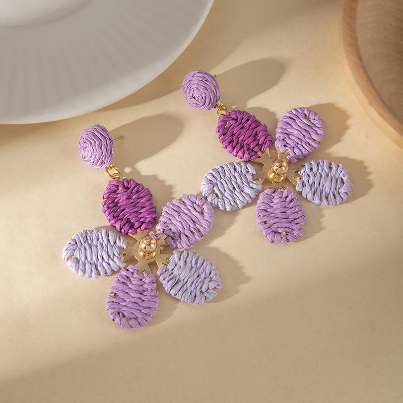 Dopamine Flower Woven Earrings: Summer Beach Raffia Studs for Women