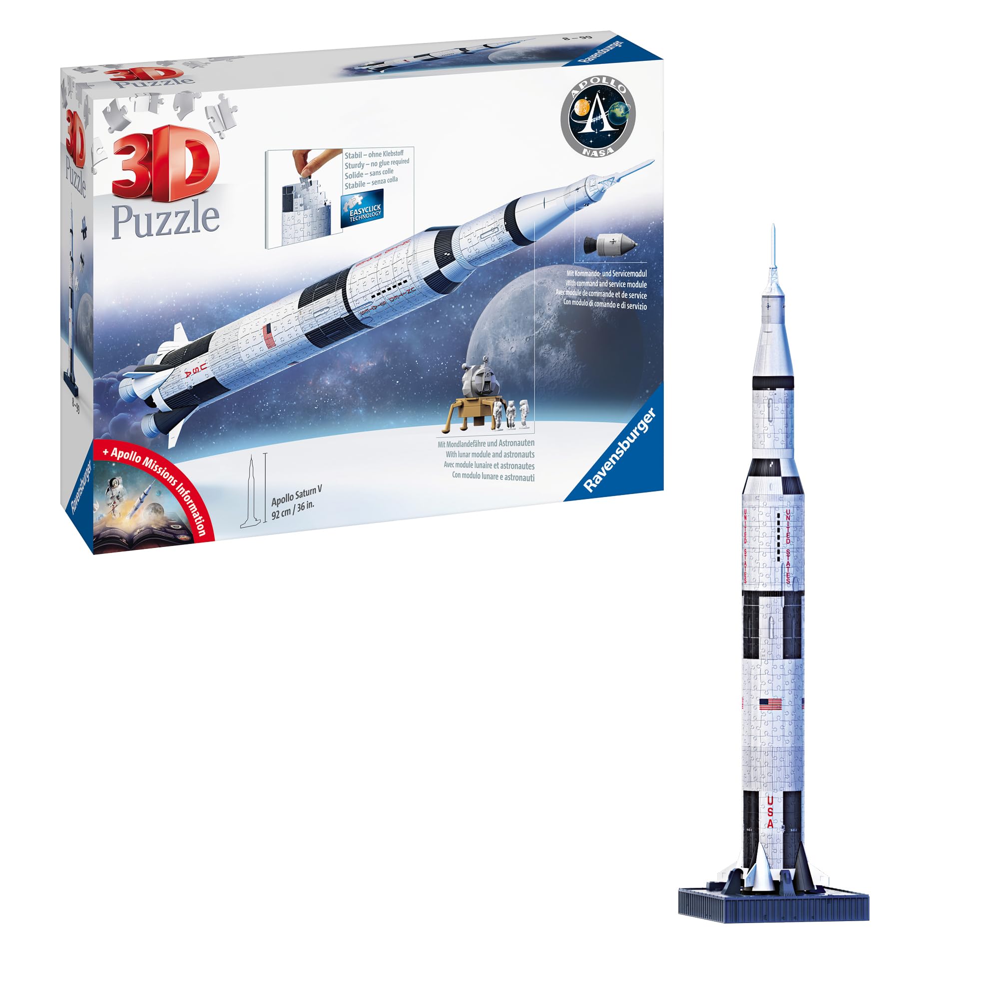

Ravensburger 3D Puzzle, Apollo 11 Saturn V Rocket, 440 Pieces, Finished Size: 98.1cm Tall, Item Number 11545 7, Ages 8+ [Puzzle, 3D Puzzle, Gift