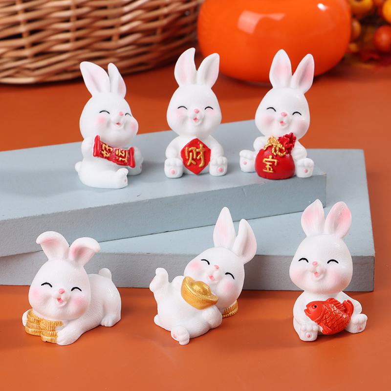 4/6Pcs/Set Cute Cartoon Auspicious Rabbit Micro Landscape Resin Crafts Diy Landscaping Decoration Home Gardening Accessories