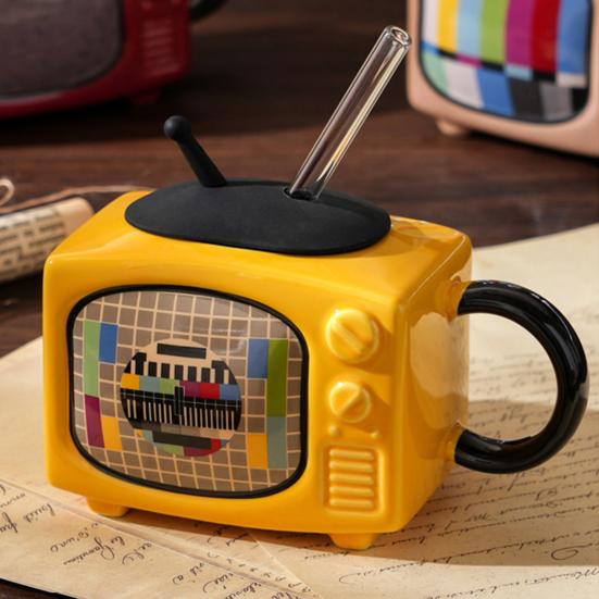Retro Television Ceramic Mug with Lid & Straw 450ml Creative Nostalgic Design Coffee Cup Leak-Proof & Heat Resistant Drinking Cup Novelty Gift Home
