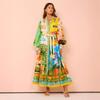 Europe and the United States cross-border 2024 independent station single-breasted long lantern sleeves graffiti printing lace-up waist dress
