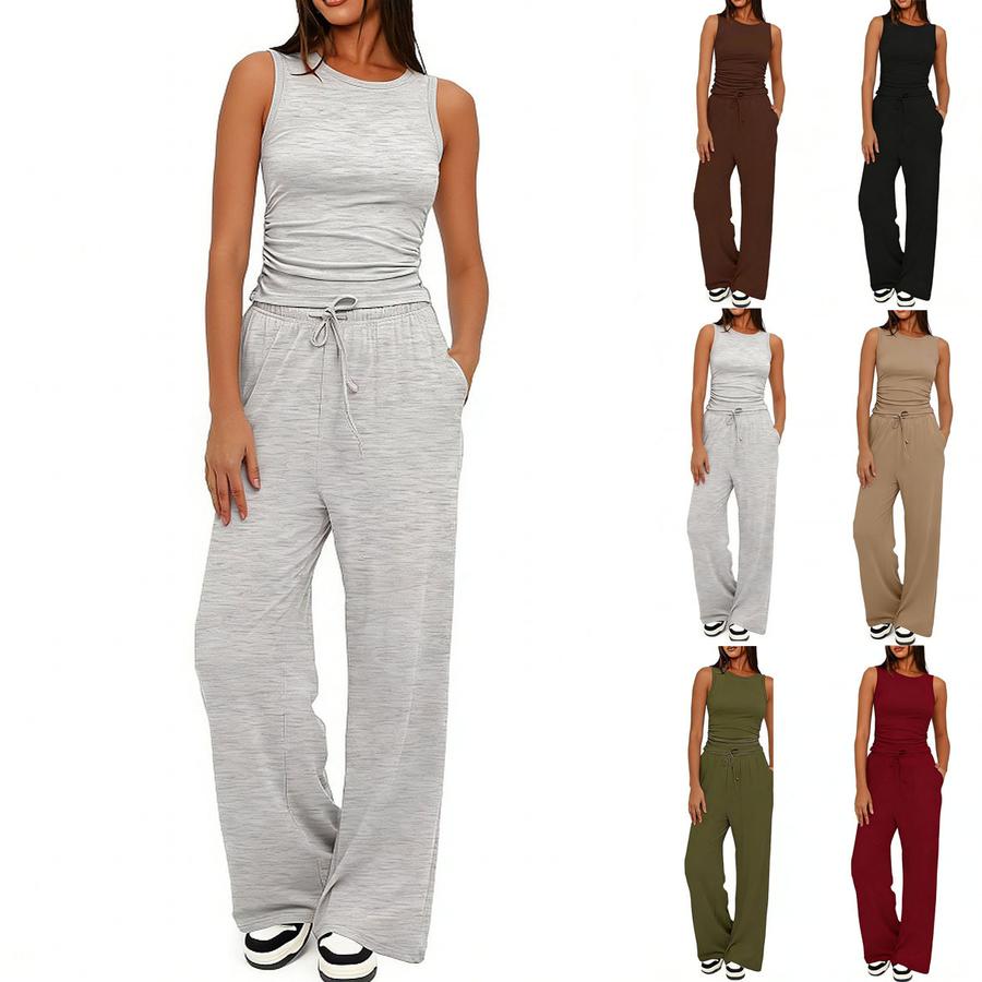 New Sleeveless Round Neck Ruffled Back Vest High Waist Fashion Wide Leg Pants