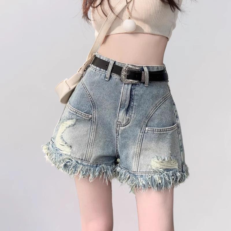 

Женские джинсовые шорты А-силуэта с высокой посадкой больших размеров - Для фигуры груша , необработанный край, стройнящие шорты с широкими штанинами для лета S