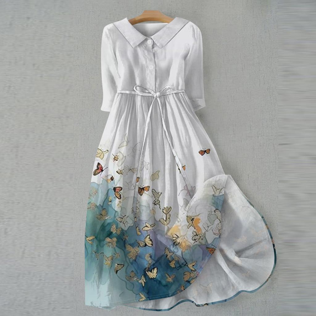 Women's Fashion Casual Printed Lapel Collar Button 3/4 Sleeve Clothing Straps Dress