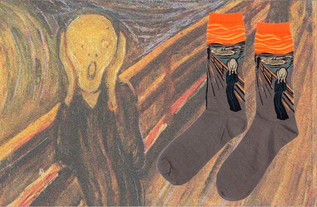 Cansok Cotton Socks featuring Starry Mona and Great Waves Men's 5-Pair Set, Night, Lisa's Smile, Kanagawa's (Famous Paintings)