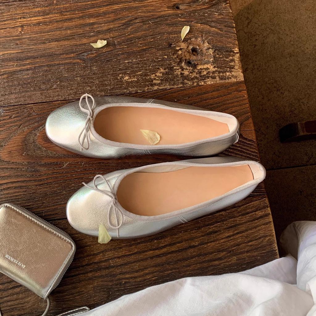 Sheepskin version~ leather flat-bottomed bow light-mouth single shoes women's 2025 new temperament evening shoes ladyshoes grandma shoes