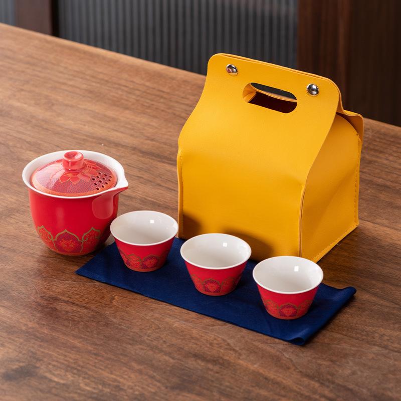 High-end Guochao travel tea set, household high-end business gifts, light luxury, a pot of three cups, commemorative souvenir gifts