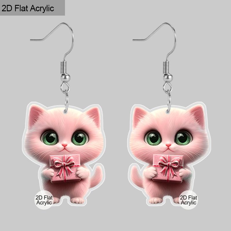 2D Flat Retro Pink Cat Gift Box Women's Acrylic Dangle Earrings Christmas Party Jewelry Gift