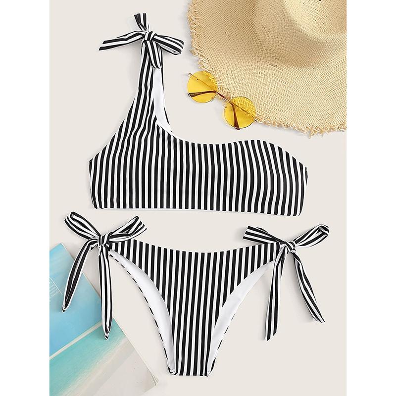 Summer Sexy Bow One Shoulder Striped Bikini Lacing Up Bandage Low Waist Swimsuit Set Two Piece Swimwear Beachwear