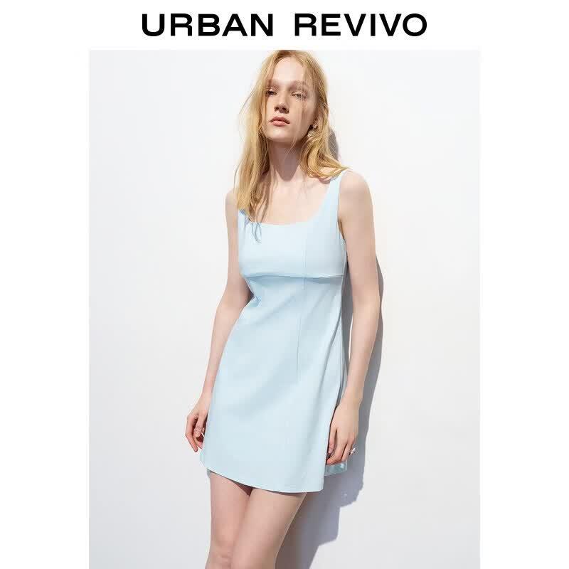 UR2026 Women s Casual Solid U-Neck Bow Mini Dress S