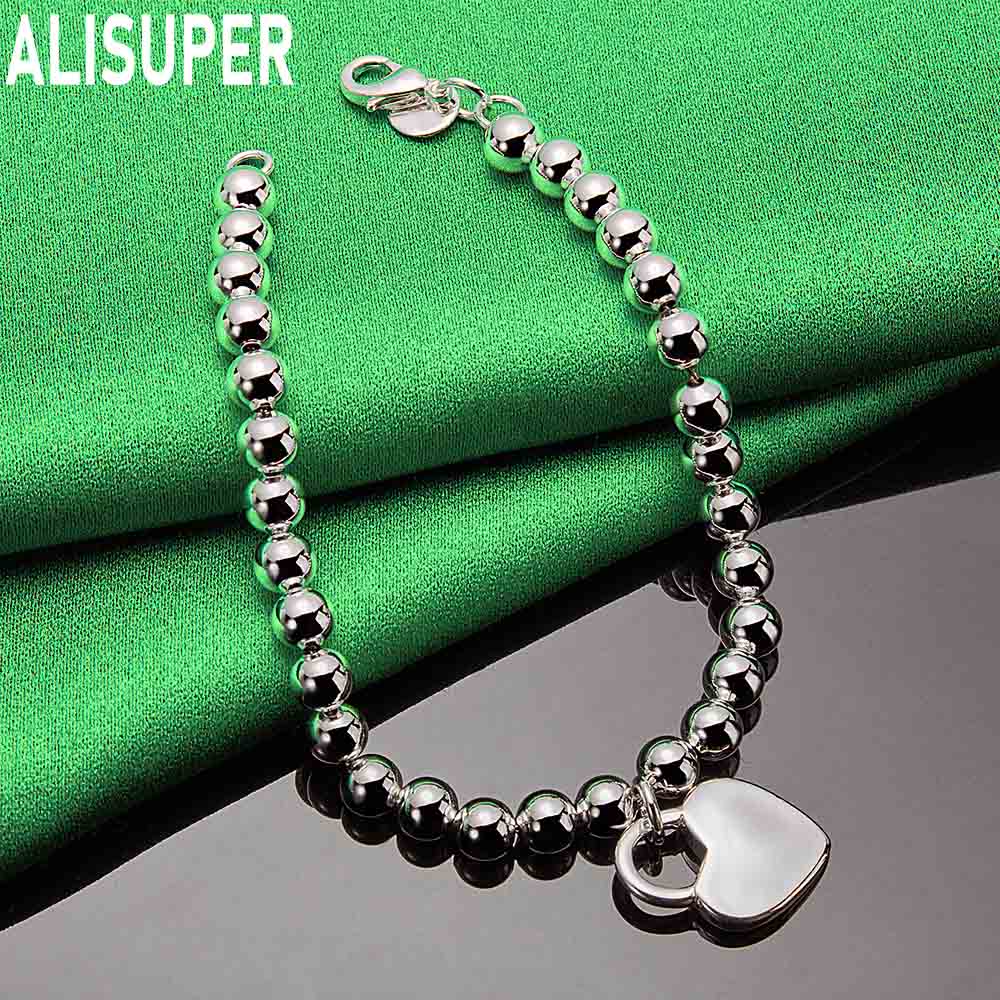 925 Sterling Silver 6mm Side Chain Heart Pendant Bracelet Gift Jewelry