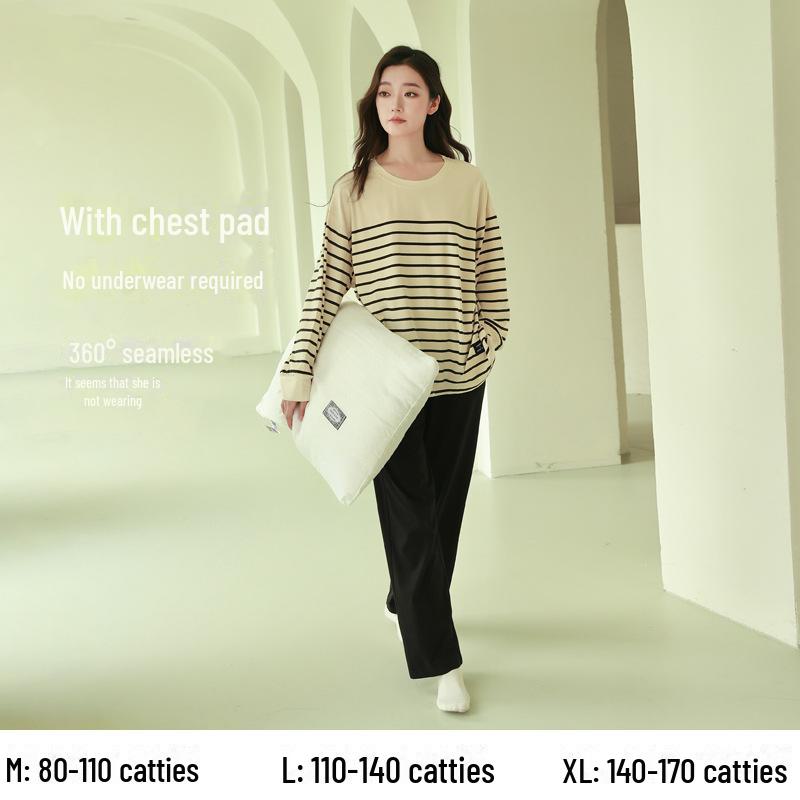 Women's Pure Cotton Long-Sleeve Pajama Set with Chest Pads - Large Size, Spring/Autumn 2025