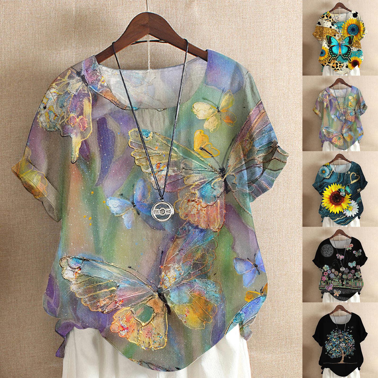 

Женская модная повседневная блузка с круглым вырезом и коротким рукавом с принтом