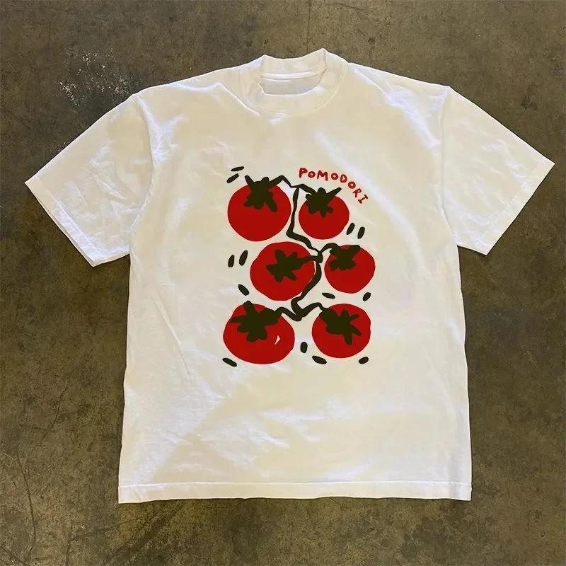 

New Trendy Cotton Interesting Tomato Print Super Elastic Casual ShortSleeved Unisex Women Daily Cotton Loose Tops Breathable Tops S