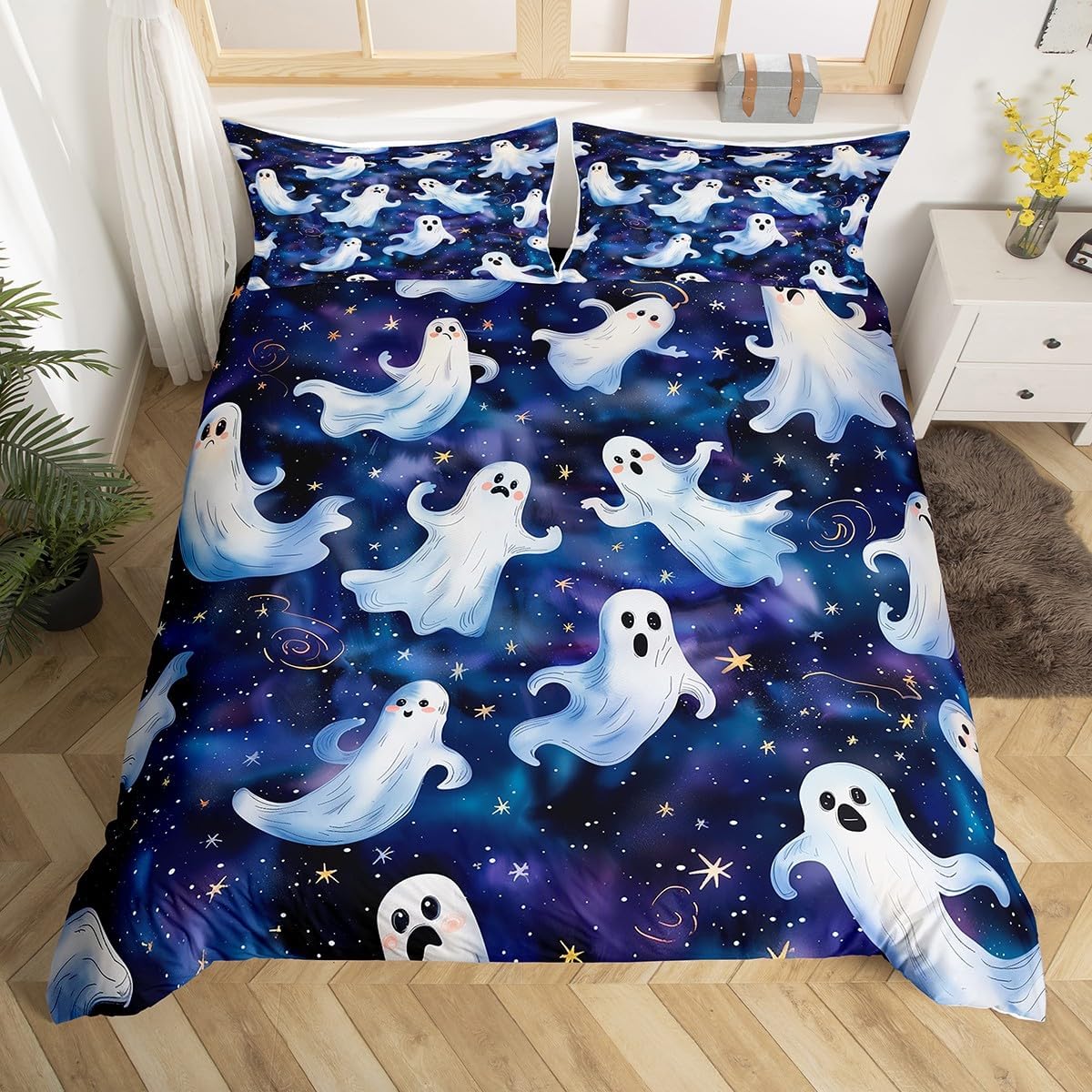 

Cartoon Ghost Duvet Cover Twin Queen Happy Halloween Bedding Set Orange Pumpkin Flowers Rustic Comforter Cover with 2 Pillowcase EU Single(135x200cm)