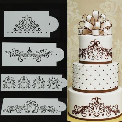 4pcs Lace Flowers Wedding Cake Stencil Set Fondant Side Mold Decorating DIY Tool