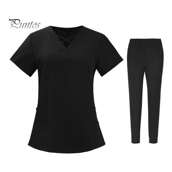 2st/set Unisex sjukhusuniformset V-ringad kortärmad fickor Toppar Elastiska midjebyxor Snabbtorkande sjukhustandvårdsskrubbuniformer