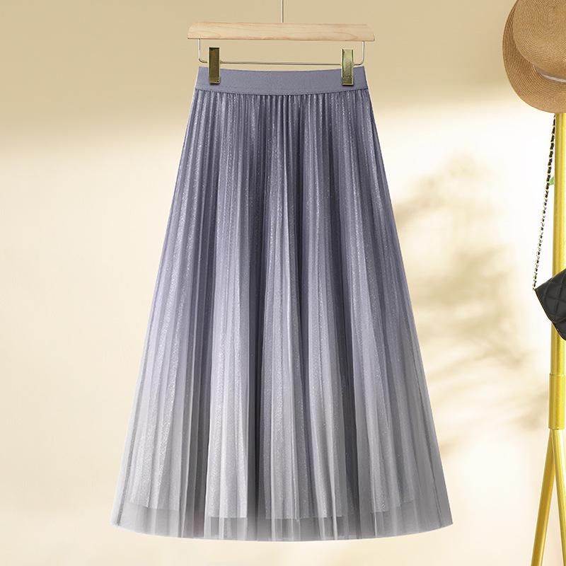 

Весна 2025 Женская юбка миди А-силуэта с плиссировкой и градиентной сеткой, с высокой посадкой S (85-95 Jin) серый