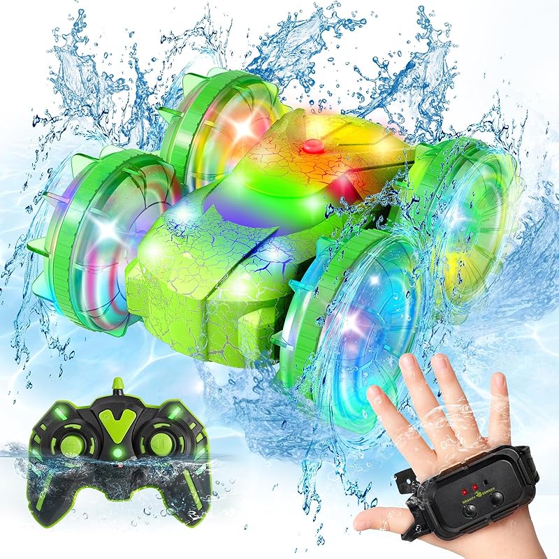 Amphibious RC Car with Lights for Kids 6-12 Year Old,2.4 GHz Remote Control Boat RC Monster Truck 4WD Vehicle Gifts,Waterproof Hand Controlled Boat
