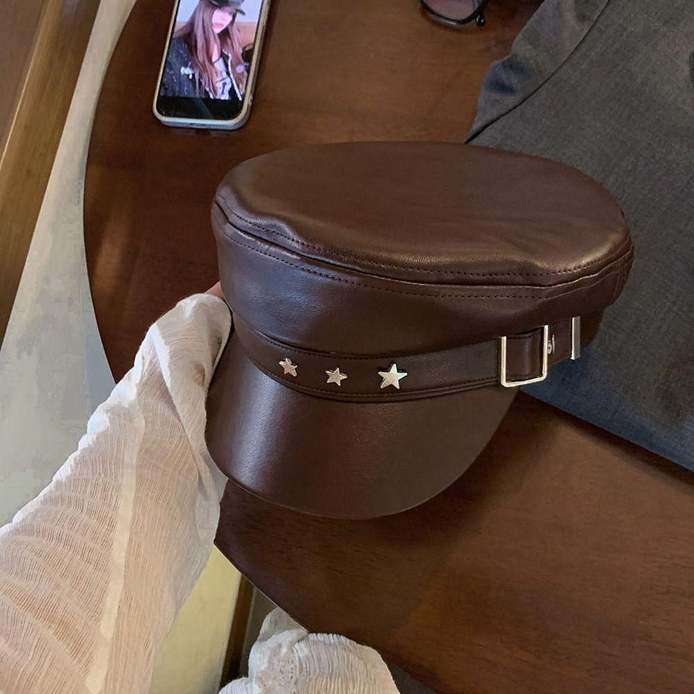 British Style Pu Leather Beret Korean Style Painter Hat Casual Octagonal Hat  Outdoor