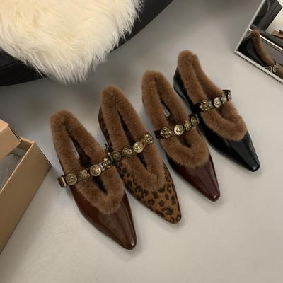 2024 Winter New Women Pointed Toe Rivet Thick Heels Loafer Retro British Style Warm Casual Slip On Chunky Footware Women Shoes