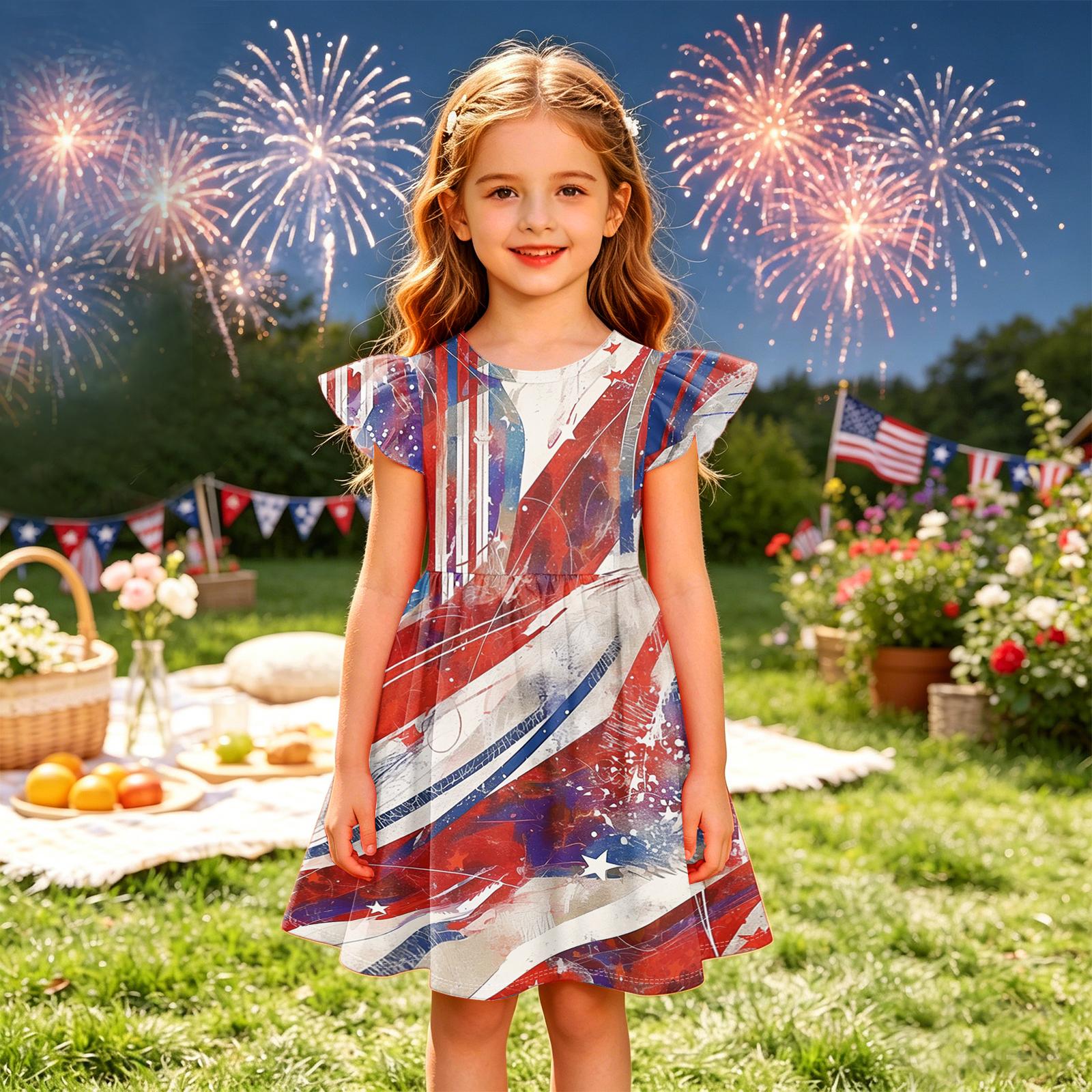 Girls Summer Princess Dress - A-Line T-Shirt Dress Independence Day 140