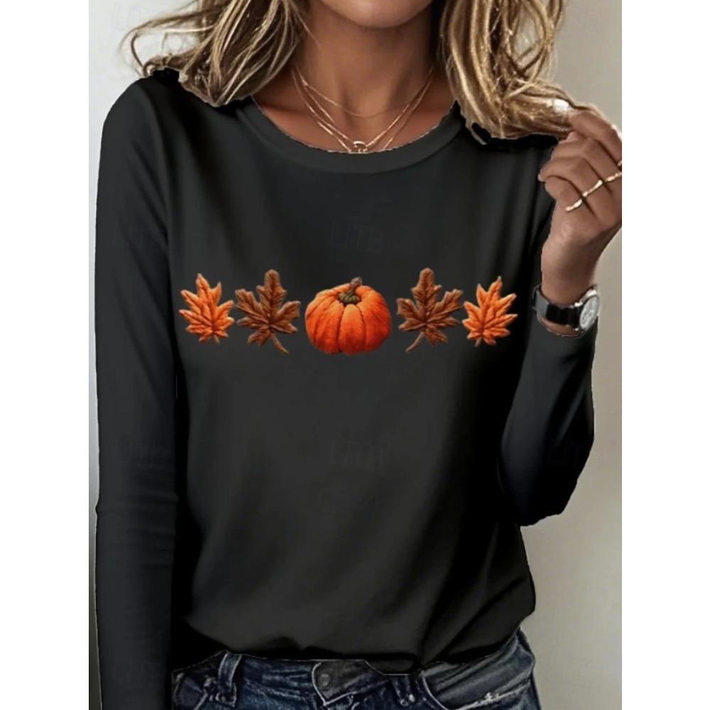 Tops for Women Pumpkin Print Costume  Round Neck Long Sleeve T-shirt Fall Casual Slim Pullover Women's Long Sleeve Top